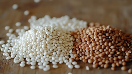 Poster - Closeup of white sesame seeds alongside brown lentils and other legumes arranged artistically on a rustic wooden table