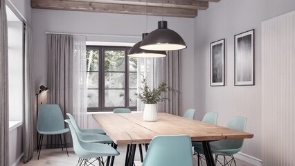 Poster - An inviting dining room showcasing a long wooden table surrounded by pastel blue chairs. The walls are a light grey and an industrial pendant light hangs from the ceiling casting a