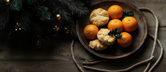 Aufkleber - Cozy Christmas Still Life with Oranges Homemade Biscuits and Festive Greenery on a Rustic Wooden Table