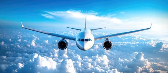 Aufkleber - Airplane flying above fluffy clouds in a bright blue sky showcasing travel and aviation themes