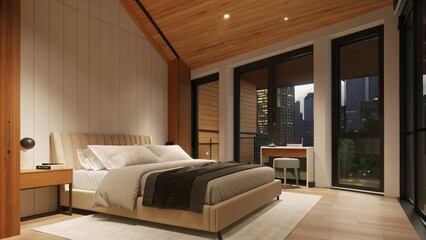 Aufkleber - An inviting bedroom showcases a warm beige upholstered bed dressed with layered linens and textured throw pillows. A minimalistic metal bed frame complements the roughhewn timber