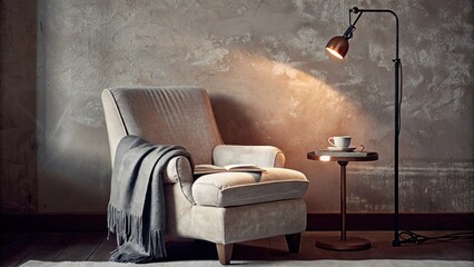 Aufkleber - A cozy reading nook is created in a corner with a plush beige armchair and a soft throw blanket. An industrialstyle floor lamp provides light while a small side table holds a