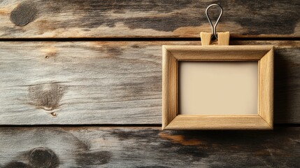 Aufkleber - Vintage wooden background featuring a clothes peg and an empty photo frame ideal for creative design and home decor projects.