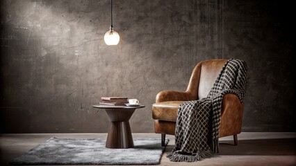 Poster - A cozy corner nook featuring a vintage armchair and a small round coffee table illuminated by a hanging pendant light. A soft gray rug contrasts with the polished concrete floor.