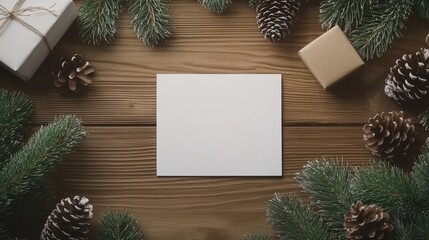 Aufkleber - Christmas tree branches with blank card pine cones and gifts on wooden background flat lay seasonal greeting or holiday theme