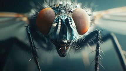 Poster - Detailed macro photography showcasing the intricate features and anatomy of a common fly against a blurred background.