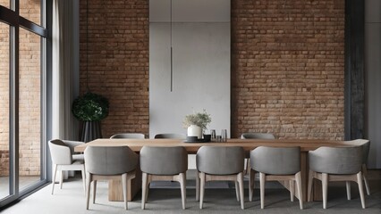 Poster - A minimalist dining area with an oversized wooden table surrounded by mismatched chairs. Each chair is adorned with cozy cushions and a centerpiece of greenery adds a touch of