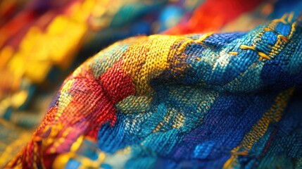Poster - Vibrant macro shot of intricately woven textile showcasing rich colors and detailed texture patterns