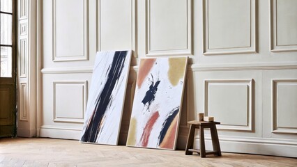 Poster - An elegant corner of the loft with a white backdrop where large abstract canvases in vibrant colors are arranged in a grid pattern while a simple wooden pedestal subtly displays a
