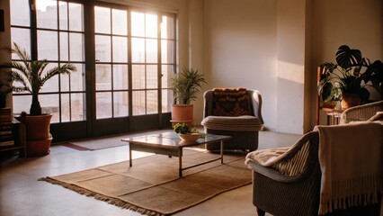 Poster - An openplan living room with a sleek metal coffee table resting on a layered jute and wool rug. Potted plants sit next to floortoceiling windows filtering sunlight onto soft