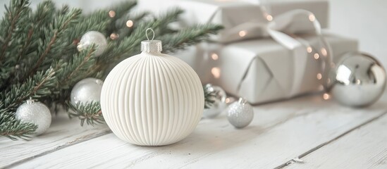Aufkleber - Decorative Christmas ornaments and gifts arranged with evergreen branches on a rustic white wooden table for festive holiday celebration
