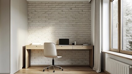 Poster - A minimalist home office with a clean brick backdrop a simple wooden desk and a stylish ergonomic chair illuminated by natural light streaming through a large window.