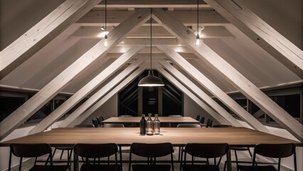 Aufkleber - An elegant dining area featuring a long wooden table with sharp angles surrounded by simple metal chairs. The space is illuminated by pendant lights that hang in a staggered