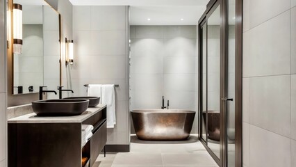 Poster - An inviting bathroom equipped with a deep soaking tub with a metallic faÃ§ade minimalist chrome fixtures and a sleek vanity topped with a brushed metal sink and neutral color