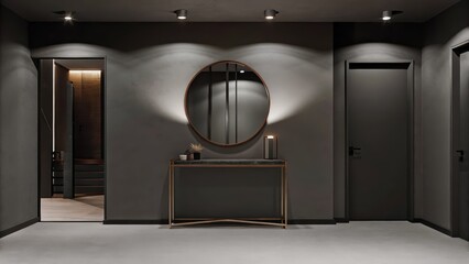 Poster - A stylish entryway with a tall metal console table holding simple decor items a large round metallic mirror reflecting the soft lighting from overhead fixtures against a