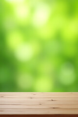 Aufkleber - A minimalist wooden table top sits empty against a soft blur of fresh green abstract background for display and visuals._00003_