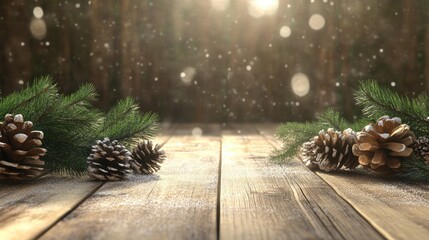 Poster - Christmas scene with coniferous branches pine cones and soft sunlight on rustic wooden boards during snowfall festive atmosphere