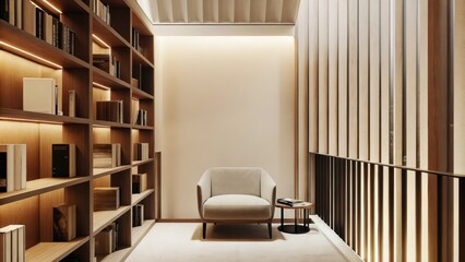 Aufkleber - A cozy reading nook with a simple armchair and a small angular side table. The nook is surrounded by tall thin bookshelves that emphasize verticality while soft diffused lighting