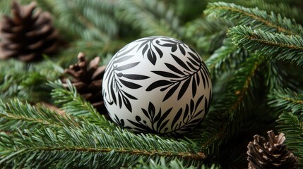 Aufkleber - Black and white Christmas ornament on pine branches with cones in a cozy winter setting close up