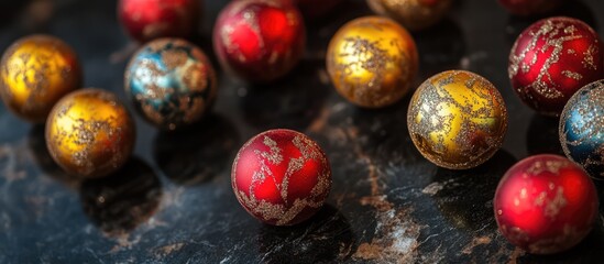 Poster - Macro shot of vibrant red golden and yellow Christmas ornaments on a black marble surface creating a festive and elegant holiday ambiance