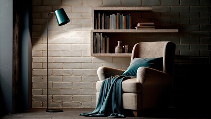 Aufkleber - A tranquil reading nook with a cozy brick section a plush armchair a small side table and a shelf filled with a curated selection of books softly illuminated by a standing lamp.