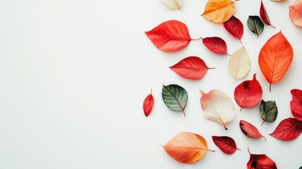 Poster - Colorful autumn leaves scattered artistically on a white background showcasing seasonal beauty and natural textures.
