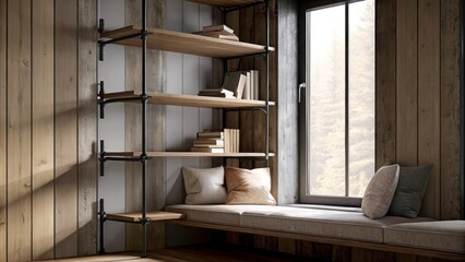 Poster - In a cozy reading nook a black steel frame surrounds a large window seat adorned with plush cushions. The walls are decorated with minimalist shelving made of reclaimed wood and