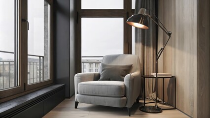 Aufkleber - A stylish reading nook with a cozy gray armchair and a sleek side table positioned beneath a tall window that frames a view of city rooftops with an industrialstyle floor lamp