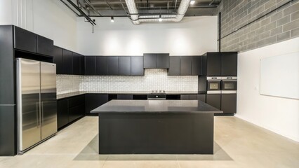 Poster - A minimalist kitchen with matte black cabinetry a central island with a matte finish and stainless steel appliances. Subtle lighting highlights the geometric tile backsplash while