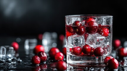 Poster - Fresh cranberries in a glass of vodka with ice cubes on a dark background showcasing droplets and vibrant colors for festive drinks.
