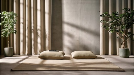 Aufkleber - A tranquil meditation space featuring a lowprofile platform surrounded by soft textured cushions with natural light filtering through curtains and a backdrop of concrete adorned