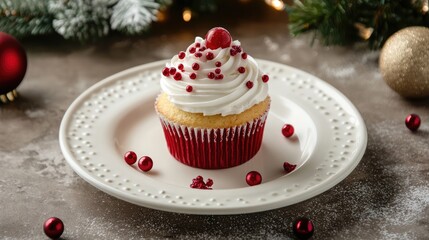 Poster - Festively decorated cupcake on a plate surrounded by Christmas decorations and holiday ambiance