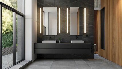Poster - A sleek bathroom featuring a matte black vanity with minimalist fixtures. Large mirrors and dramatic lighting enhance the space complemented by textured tiles and earthy materials