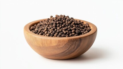 Poster - Close up of aromatic cardamom seeds in a wooden bowl on a clean white background ideal for culinary and spice-related themes