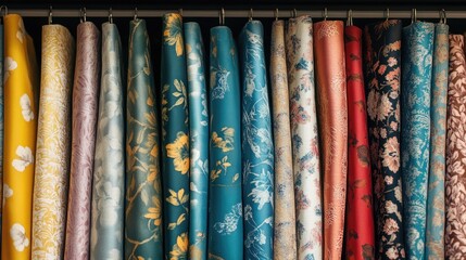Aufkleber - vibrant fabric rolls displayed neatly on a shelf in a stylish designer store showcasing diverse patt