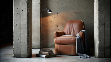 Aufkleber - A cozy reading nook with a worn leather chair and a small side table nestled between two concrete pillars. A stack of books rests on the floor and a single floor lamp casts a warm