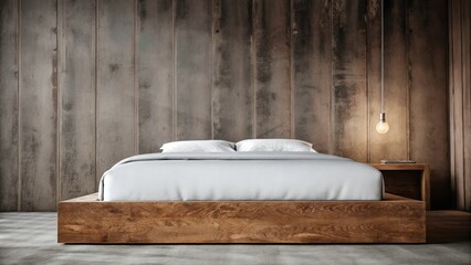 Poster - A bedroom with a platform bed made of raw wood adorned only with a minimalistic bedding set. The walls are left in their original state complete with visible nails and a simple
