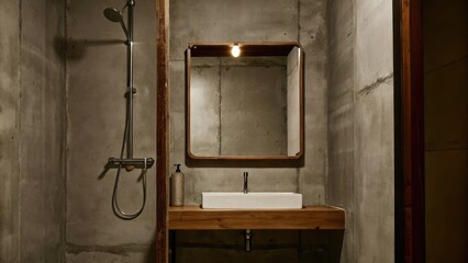 Aufkleber - A small bathroom with unpolished cement walls a simple floating sink and a large mirror framed in raw wood. A utilitarian shower with exposed plumbing and a single light fixture