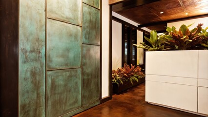 Poster - A stylish entryway incorporating a weathered copper accent wall whose greenish patina contrasts beautifully with sleek white cabinetry and vibrant indoor plants.