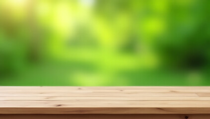 Aufkleber - A minimalist wooden table top against a blurred green background of garden and home area for creative product display or design visuals._00003_