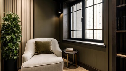 Aufkleber - A cozy reading nook nestled in a corner with a large window allowing natural light to pour in. The walls are a soothing light taupe complemented by a dark chocolate brown accent