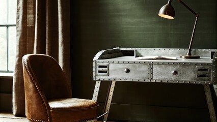 Leinwandbilder - A serene home office featuring a desk made from weathered galvanized metal its surface exhibiting rugged divots and rivets paired with a vintage leather chair and ambient lighting.