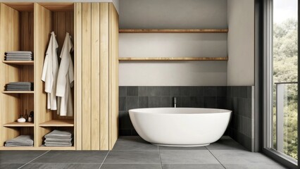 Poster - A relaxing bathroom with matte slate tiles a freestanding tub and minimalist cabinetry painted in soft gray accentuated by warm wood shelves holding neutralhued towels.