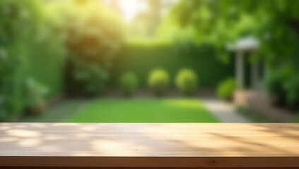 Aufkleber - A minimalist wooden table top against a blurred green background of garden and home area for creative product display or design visuals._00004_