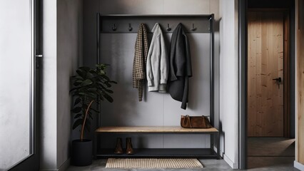 Poster - A compact entryway with a simple bench hooks for coats and an industrialstyle mirror framed in metal accented by a potted plant in the corner for a touch of warmth.