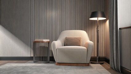 Poster - A cozy reading nook in a corner of a sunlit room featuring an oversized neutral chair a sleek floor lamp and a side table that combines metal and wood set against a backdrop of a