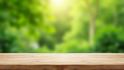 Poster - A minimalist wooden table sits empty in a blurred abstract green background of a garden and home area._00004_