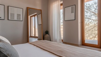 Poster - A serene bedroom designed with a low platform bed in soft neutral tones minimal wall art and a large mirror that reflects the natural light creating an airy atmosphere.