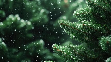 Aufkleber - Christmas Tree Background with Snow Falling on Evergreen Branches in a Wintery Atmosphere