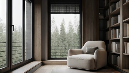 Aufkleber - A cozy reading nook with a comfortable oversized armchair upholstered in soft fabric positioned next to a large floortoceiling window accompanied by a slender bookshelf filled with